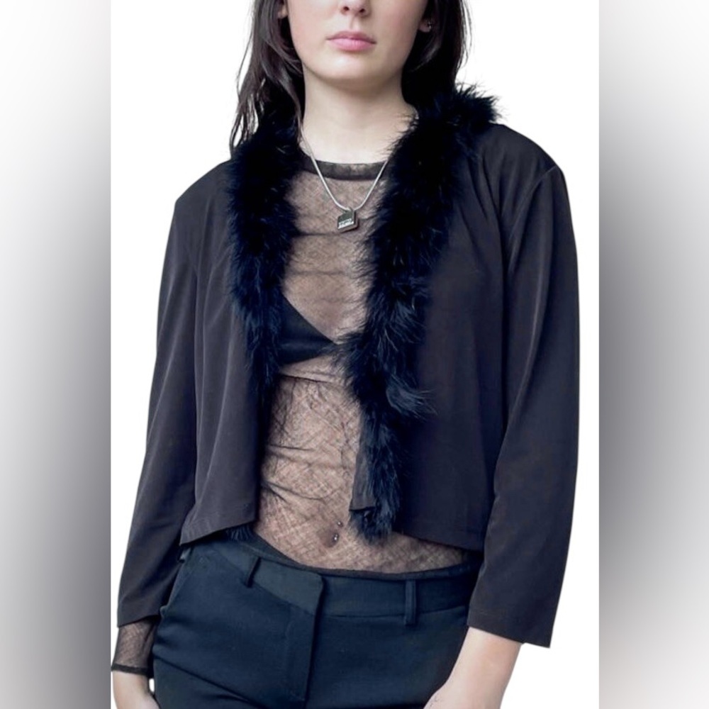 Calvin Klein Faux Fur Crop Open Cardigan Sweater Womens Size L Stretchy Like New